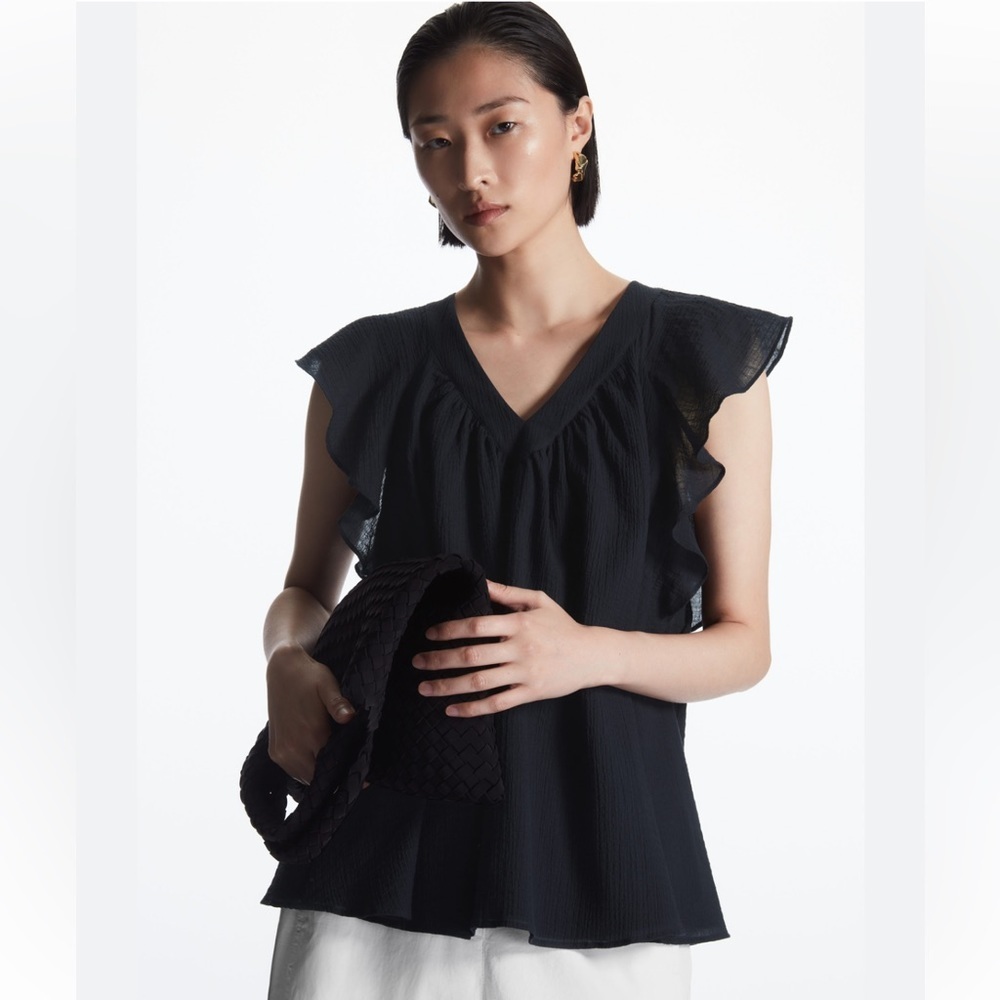 COS Ruffle Cap Sleeved Blouse in black size 8 gauze cotton